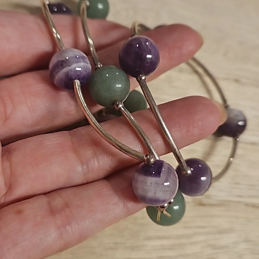 3 pc.stretchy silvertone glass faux gemstone bracelets green purple STACK 'EM! - Picture 4 of 4